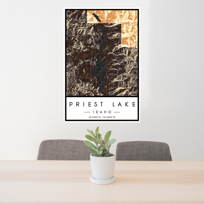 24x36 Priest Lake Idaho Map Print Portrait Orientation in Ember Style Behind 2 Chairs Table and Potted Plant