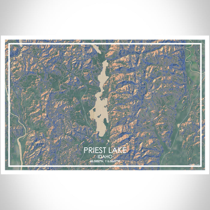 Priest Lake Idaho Map Print Landscape Orientation in Afternoon Style With Shaded Background