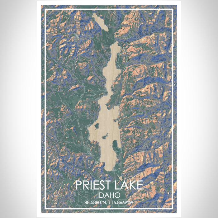 Priest Lake Idaho Map Print Portrait Orientation in Afternoon Style With Shaded Background