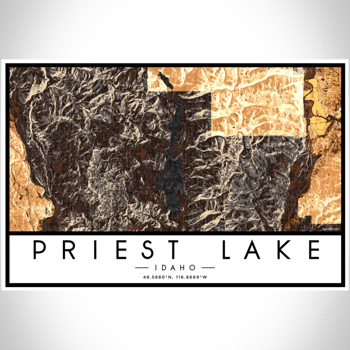 Priest Lake Idaho Map Print Landscape Orientation in Ember Style With Shaded Background