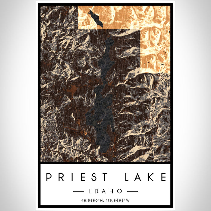 Priest Lake Idaho Map Print Portrait Orientation in Ember Style With Shaded Background