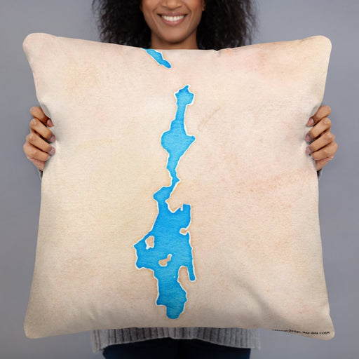 Person holding 22x22 Custom Priest Lake Idaho Map Throw Pillow in Watercolor