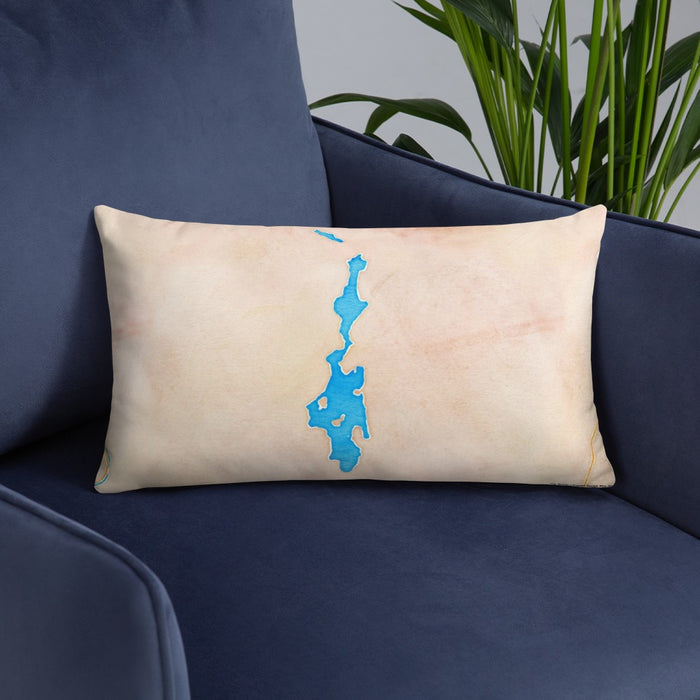 Custom Priest Lake Idaho Map Throw Pillow in Watercolor on Blue Colored Chair