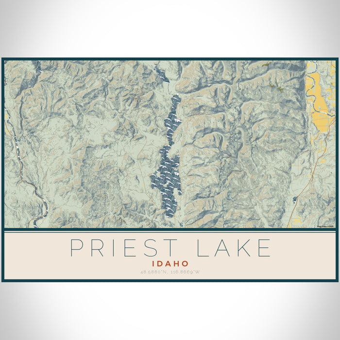 Priest Lake Idaho Map Print Landscape Orientation in Woodblock Style With Shaded Background