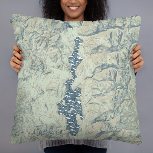 Person holding 22x22 Custom Priest Lake Idaho Map Throw Pillow in Woodblock