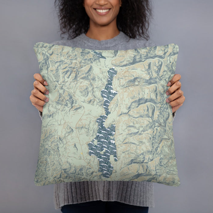 Person holding 18x18 Custom Priest Lake Idaho Map Throw Pillow in Woodblock