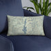 Custom Priest Lake Idaho Map Throw Pillow in Woodblock on Blue Colored Chair