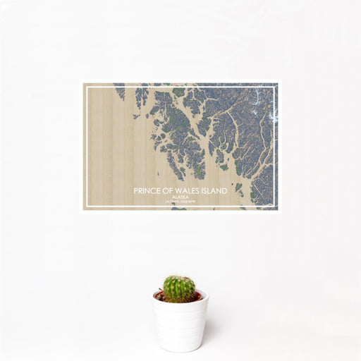 12x18 Prince of Wales Island Alaska Map Print Landscape Orientation in Afternoon Style With Small Cactus Plant in White Planter