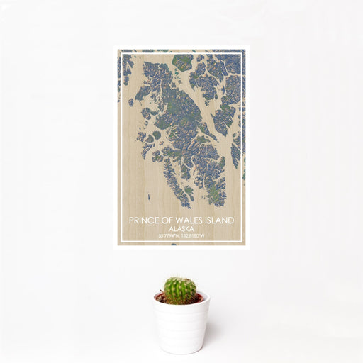 12x18 Prince of Wales Island Alaska Map Print Portrait Orientation in Afternoon Style With Small Cactus Plant in White Planter