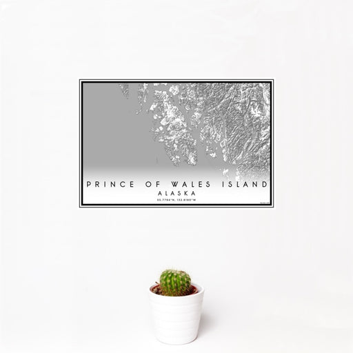 12x18 Prince of Wales Island Alaska Map Print Landscape Orientation in Classic Style With Small Cactus Plant in White Planter