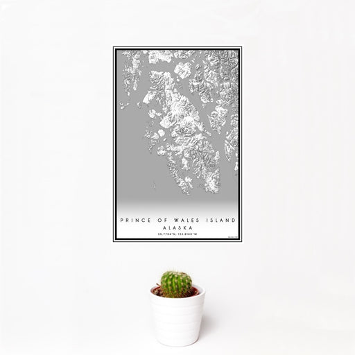12x18 Prince of Wales Island Alaska Map Print Portrait Orientation in Classic Style With Small Cactus Plant in White Planter