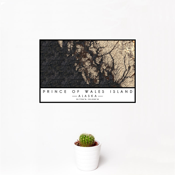12x18 Prince of Wales Island Alaska Map Print Landscape Orientation in Ember Style With Small Cactus Plant in White Planter