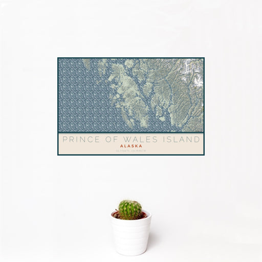 12x18 Prince of Wales Island Alaska Map Print Landscape Orientation in Woodblock Style With Small Cactus Plant in White Planter