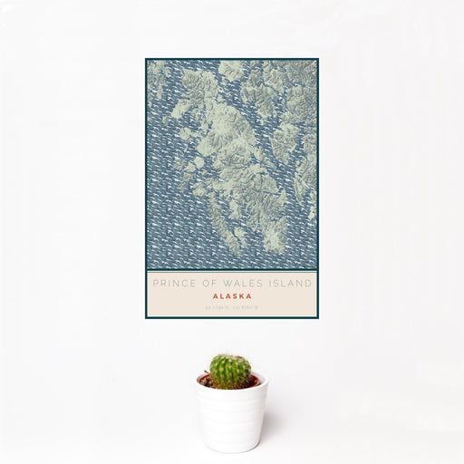 12x18 Prince of Wales Island Alaska Map Print Portrait Orientation in Woodblock Style With Small Cactus Plant in White Planter
