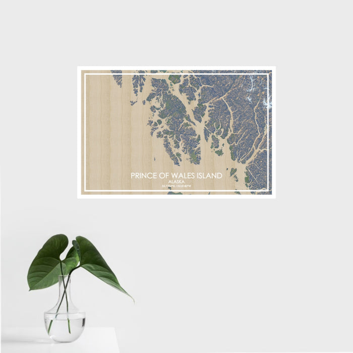 16x24 Prince of Wales Island Alaska Map Print Landscape Orientation in Afternoon Style With Tropical Plant Leaves in Water