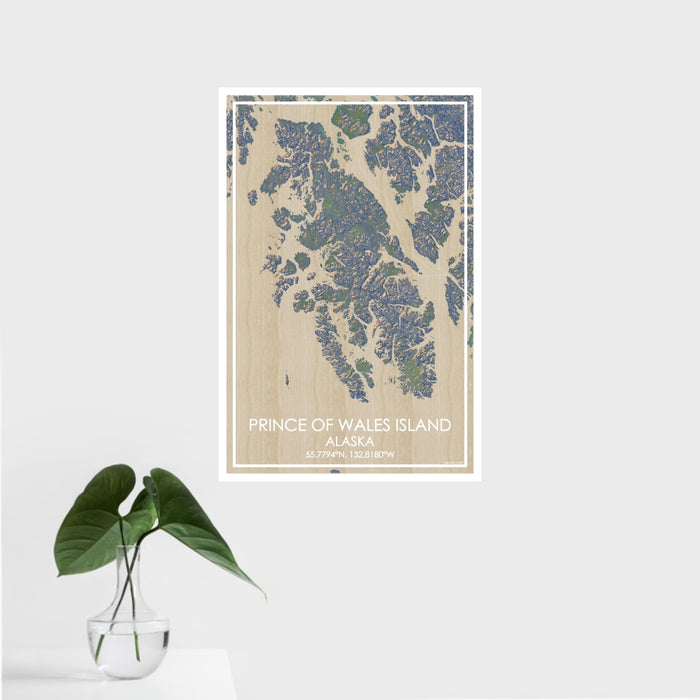 16x24 Prince of Wales Island Alaska Map Print Portrait Orientation in Afternoon Style With Tropical Plant Leaves in Water