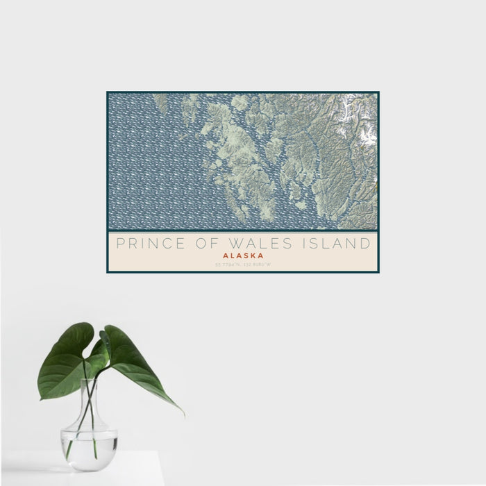 16x24 Prince of Wales Island Alaska Map Print Landscape Orientation in Woodblock Style With Tropical Plant Leaves in Water