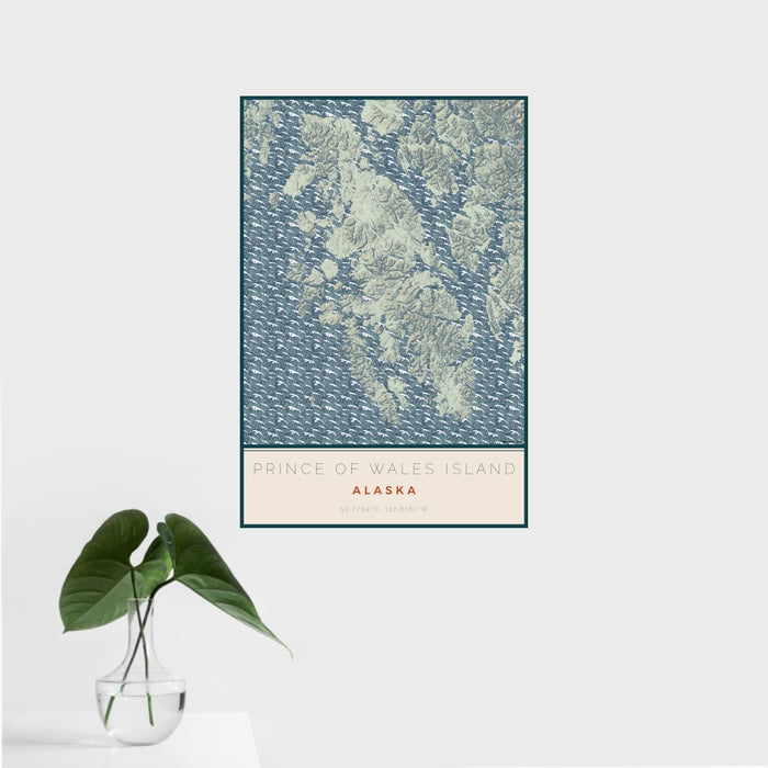 16x24 Prince of Wales Island Alaska Map Print Portrait Orientation in Woodblock Style With Tropical Plant Leaves in Water