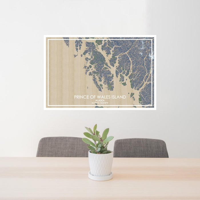 24x36 Prince of Wales Island Alaska Map Print Lanscape Orientation in Afternoon Style Behind 2 Chairs Table and Potted Plant