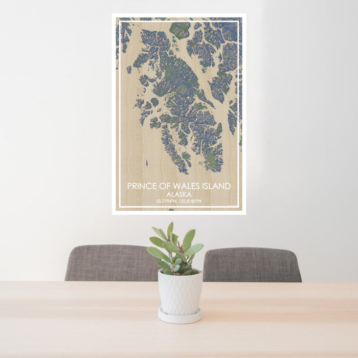 24x36 Prince of Wales Island Alaska Map Print Portrait Orientation in Afternoon Style Behind 2 Chairs Table and Potted Plant