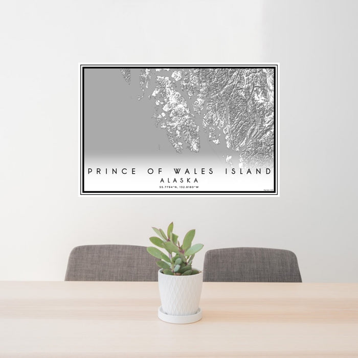 24x36 Prince of Wales Island Alaska Map Print Lanscape Orientation in Classic Style Behind 2 Chairs Table and Potted Plant