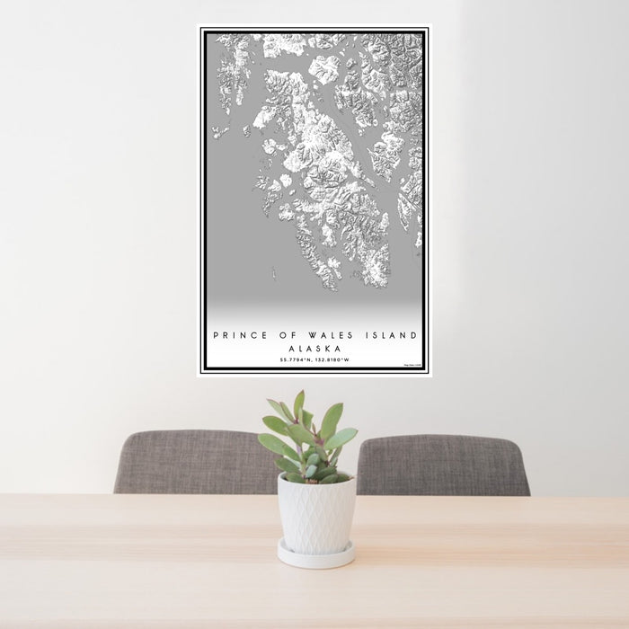 24x36 Prince of Wales Island Alaska Map Print Portrait Orientation in Classic Style Behind 2 Chairs Table and Potted Plant