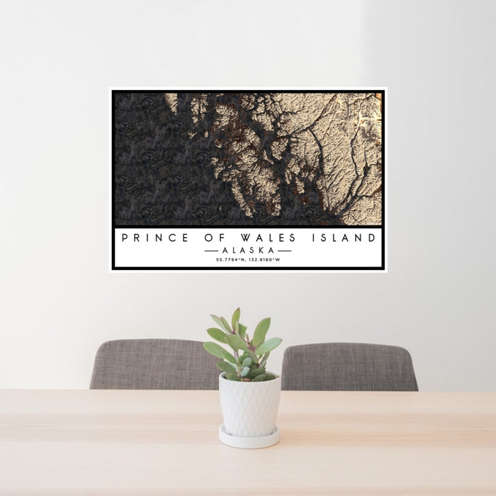 24x36 Prince of Wales Island Alaska Map Print Lanscape Orientation in Ember Style Behind 2 Chairs Table and Potted Plant