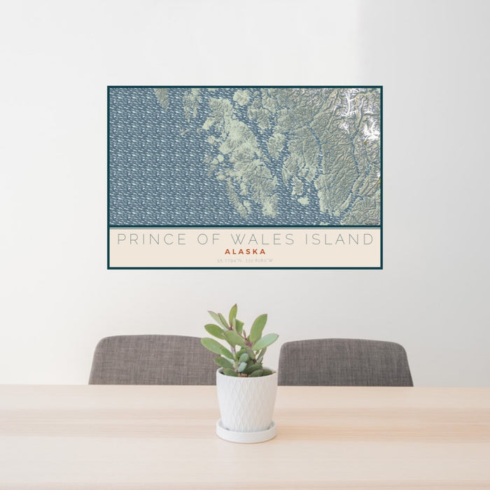 24x36 Prince of Wales Island Alaska Map Print Lanscape Orientation in Woodblock Style Behind 2 Chairs Table and Potted Plant