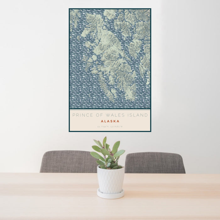 24x36 Prince of Wales Island Alaska Map Print Portrait Orientation in Woodblock Style Behind 2 Chairs Table and Potted Plant