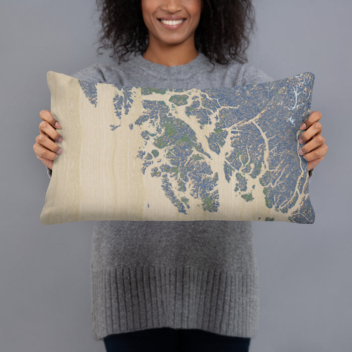 Person holding 20x12 Custom Prince of Wales Island Alaska Map Throw Pillow in Afternoon