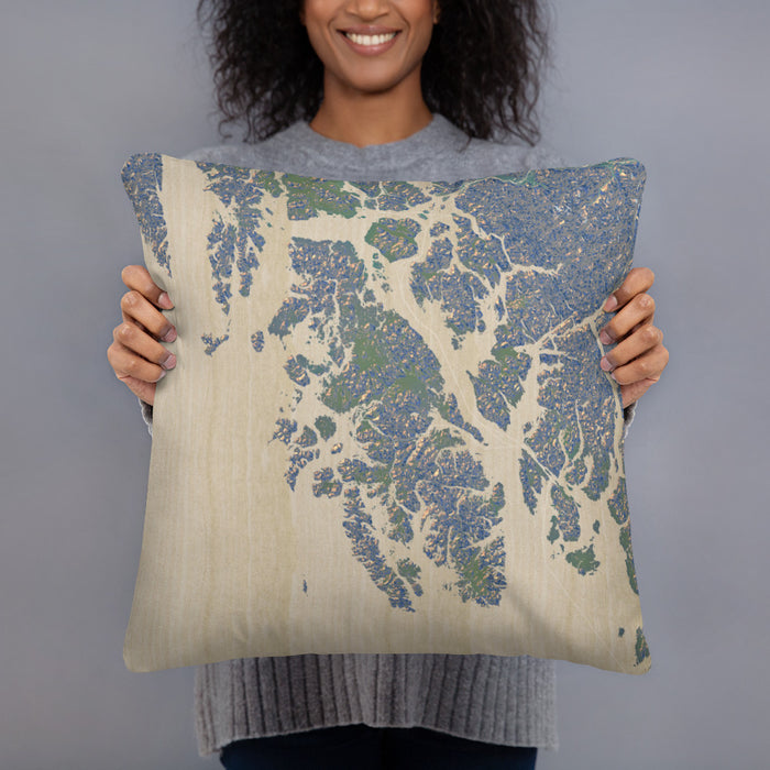 Person holding 18x18 Custom Prince of Wales Island Alaska Map Throw Pillow in Afternoon