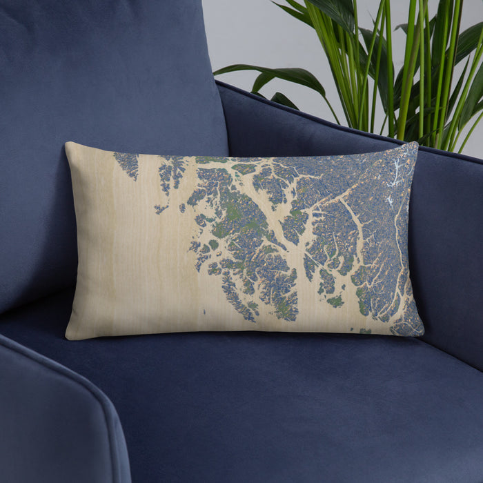 Custom Prince of Wales Island Alaska Map Throw Pillow in Afternoon on Blue Colored Chair