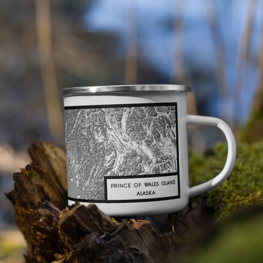 Right View Custom Prince of Wales Island Alaska Map Enamel Mug in Classic on Grass With Trees in Background