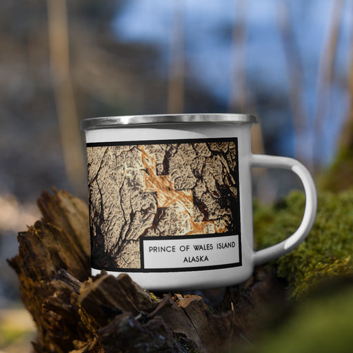 Right View Custom Prince of Wales Island Alaska Map Enamel Mug in Ember on Grass With Trees in Background
