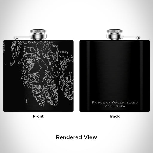Rendered View of Prince of Wales Island Alaska Map Engraving on 6oz Stainless Steel Flask in Black