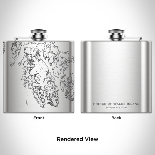 Rendered View of Prince of Wales Island Alaska Map Engraving on 6oz Stainless Steel Flask