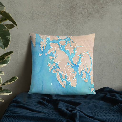 Custom Prince of Wales Island Alaska Map Throw Pillow in Watercolor on Bedding Against Wall