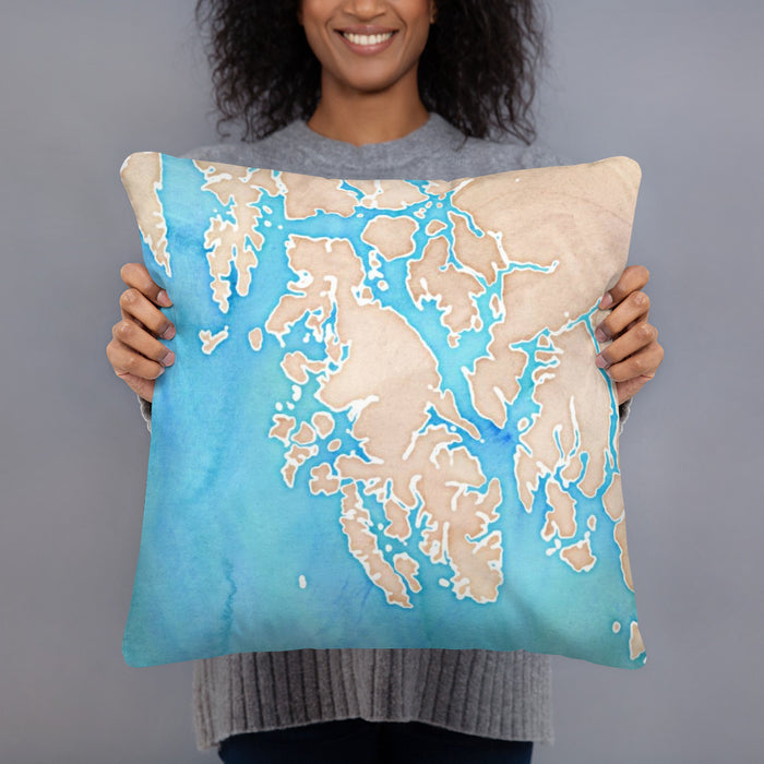 Person holding 18x18 Custom Prince of Wales Island Alaska Map Throw Pillow in Watercolor
