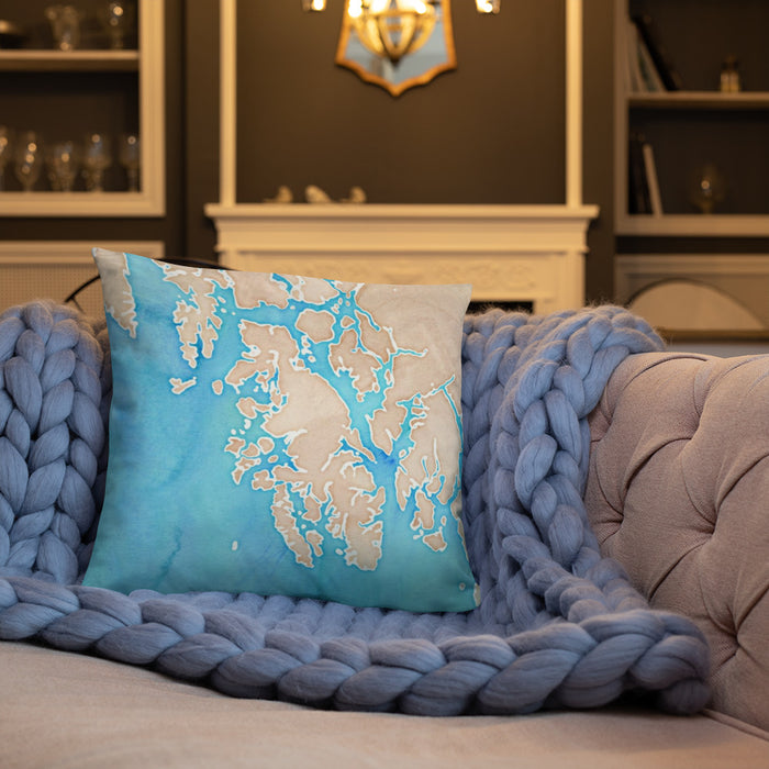 Custom Prince of Wales Island Alaska Map Throw Pillow in Watercolor on Cream Colored Couch