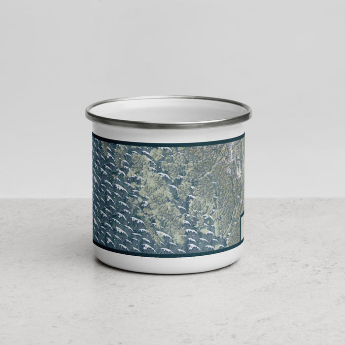 Front View Custom Prince of Wales Island Alaska Map Enamel Mug in Woodblock