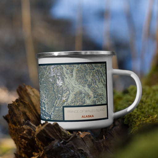 Right View Custom Prince of Wales Island Alaska Map Enamel Mug in Woodblock on Grass With Trees in Background