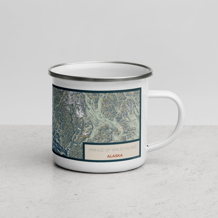 Right View Custom Prince of Wales Island Alaska Map Enamel Mug in Woodblock