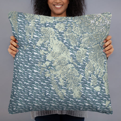 Person holding 22x22 Custom Prince of Wales Island Alaska Map Throw Pillow in Woodblock