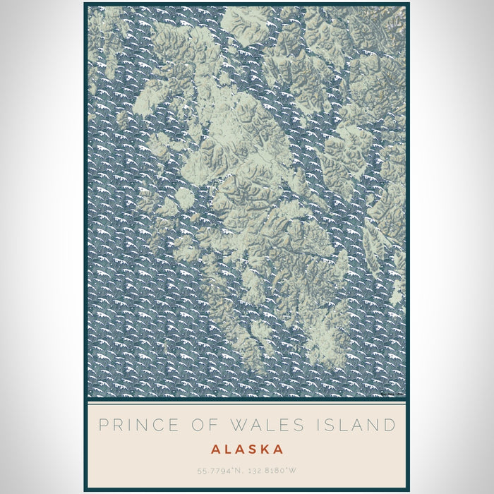 Prince of Wales Island Alaska Map Print Portrait Orientation in Woodblock Style With Shaded Background