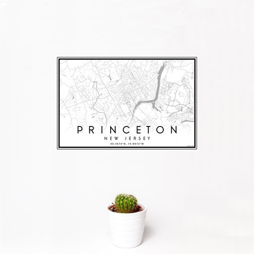 12x18 Princeton New Jersey Map Print Landscape Orientation in Classic Style With Small Cactus Plant in White Planter