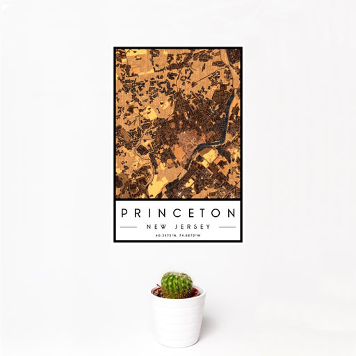 12x18 Princeton New Jersey Map Print Portrait Orientation in Ember Style With Small Cactus Plant in White Planter