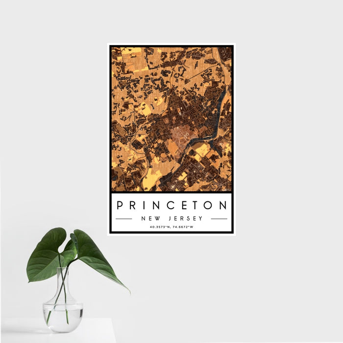 16x24 Princeton New Jersey Map Print Portrait Orientation in Ember Style With Tropical Plant Leaves in Water