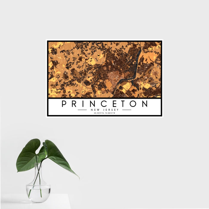 16x24 Princeton New Jersey Map Print Landscape Orientation in Ember Style With Tropical Plant Leaves in Water