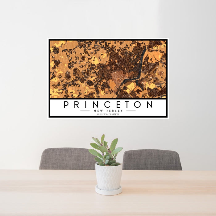 24x36 Princeton New Jersey Map Print Landscape Orientation in Ember Style Behind 2 Chairs Table and Potted Plant