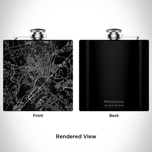 Rendered View of Princeton New Jersey Map Engraving on 6oz Stainless Steel Flask in Black